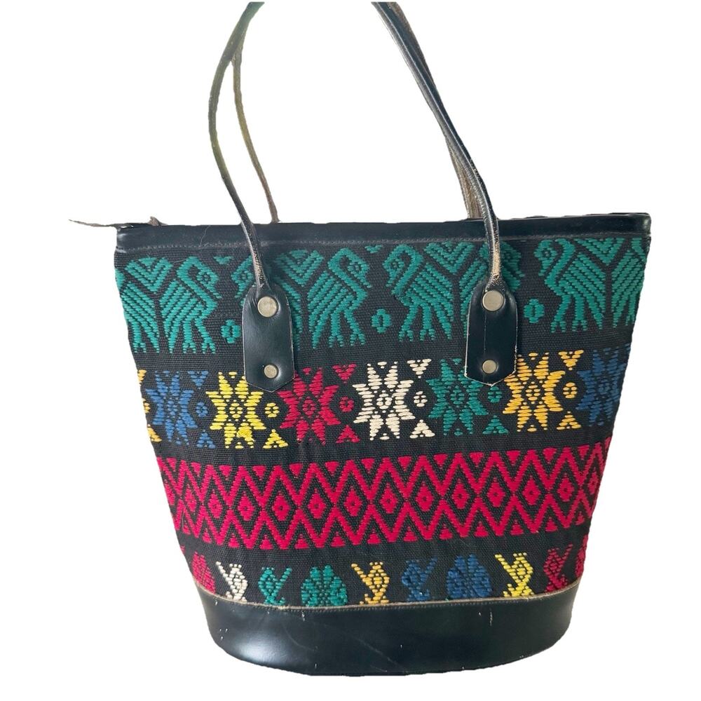 Vintage 1950s Black Leather Bucket Bag with Multicolor Embroidery Guatemala
